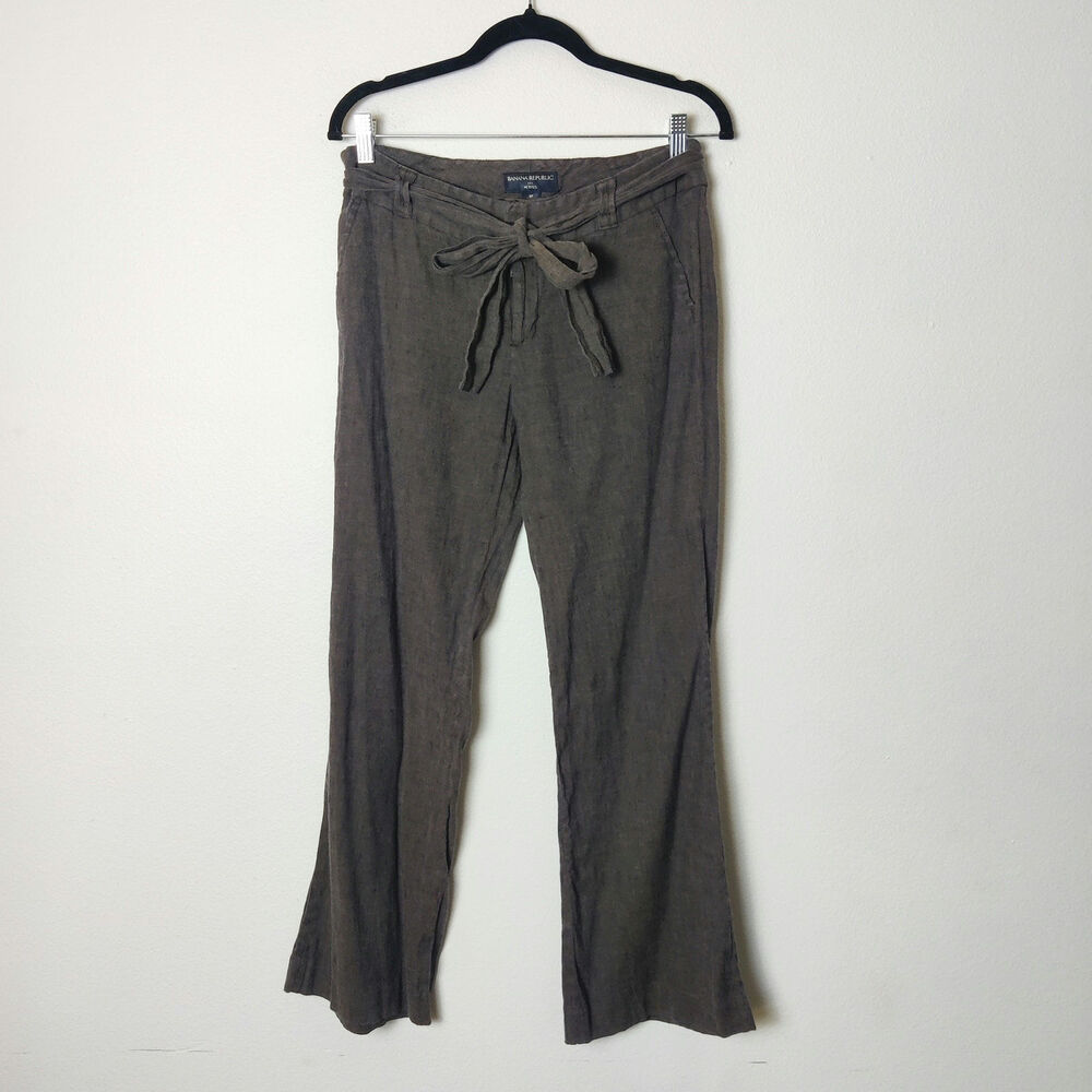 Banana Republic Y2K Low Rise Linen Cotton Flared Brown Beach Pants 8 Petite